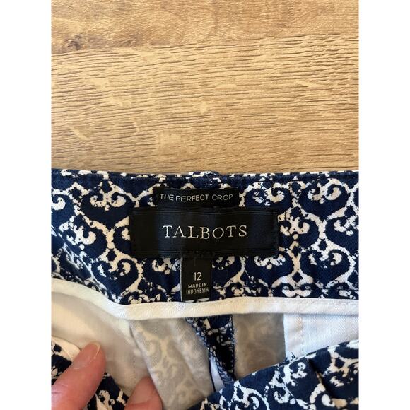 Talbots The Perfect Crop Pant Size 12 Blue White Print Straight Stretch Coastal - Picture 5 of 11